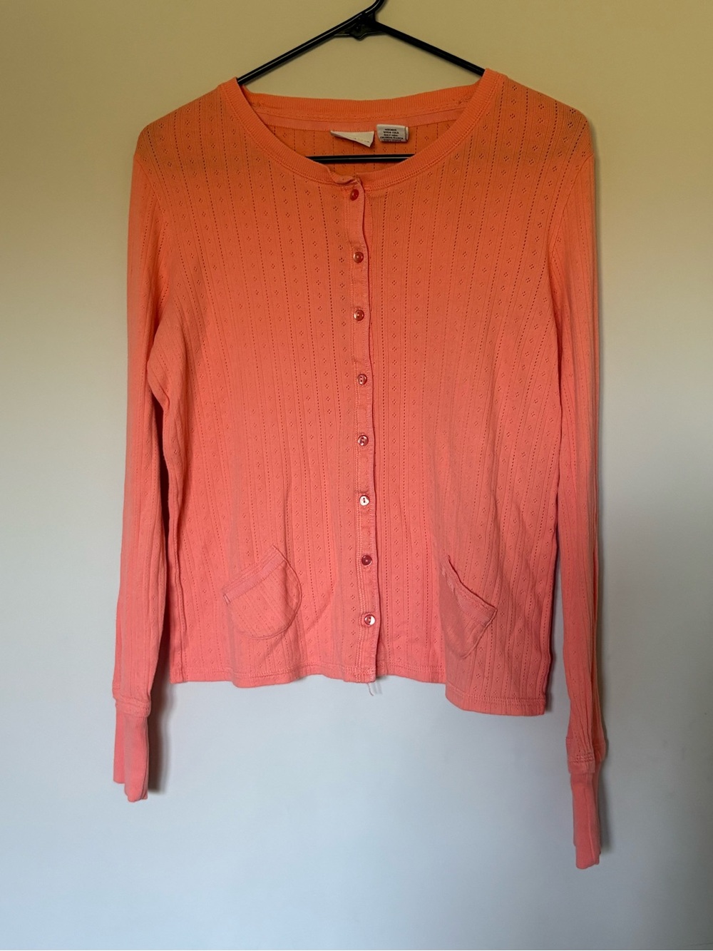 Kim Rogers Petite Medium Peach Pointelle Knit Button Front Cardigan with Pockets